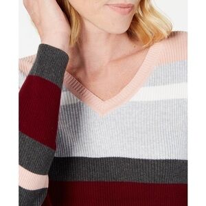 Karen Scott Rib Knit Striped V-neck 100% Cotton Top Size MP